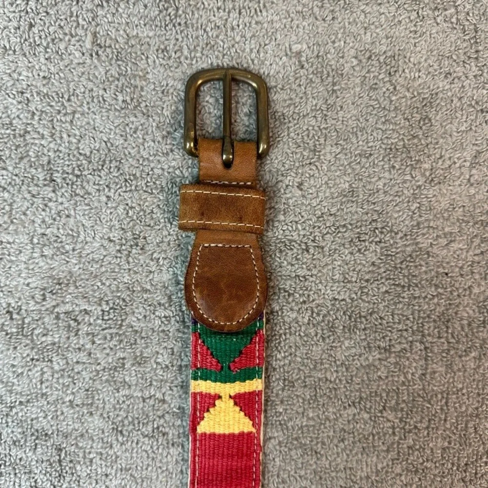 A Tail We Could Wag Belt Mens 36 Woven Mayan Sun Red Leather Brass Buckle Italy